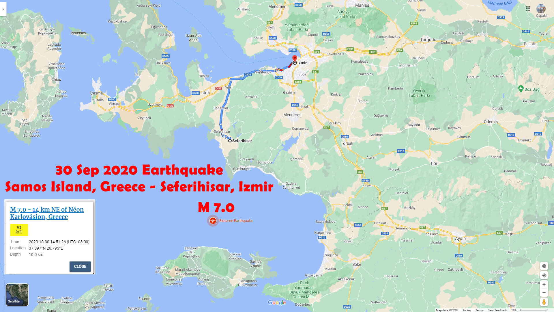 Samos Yunanistan - Seferihisar Izmir - Sep 30 Depremi Google Haritasi